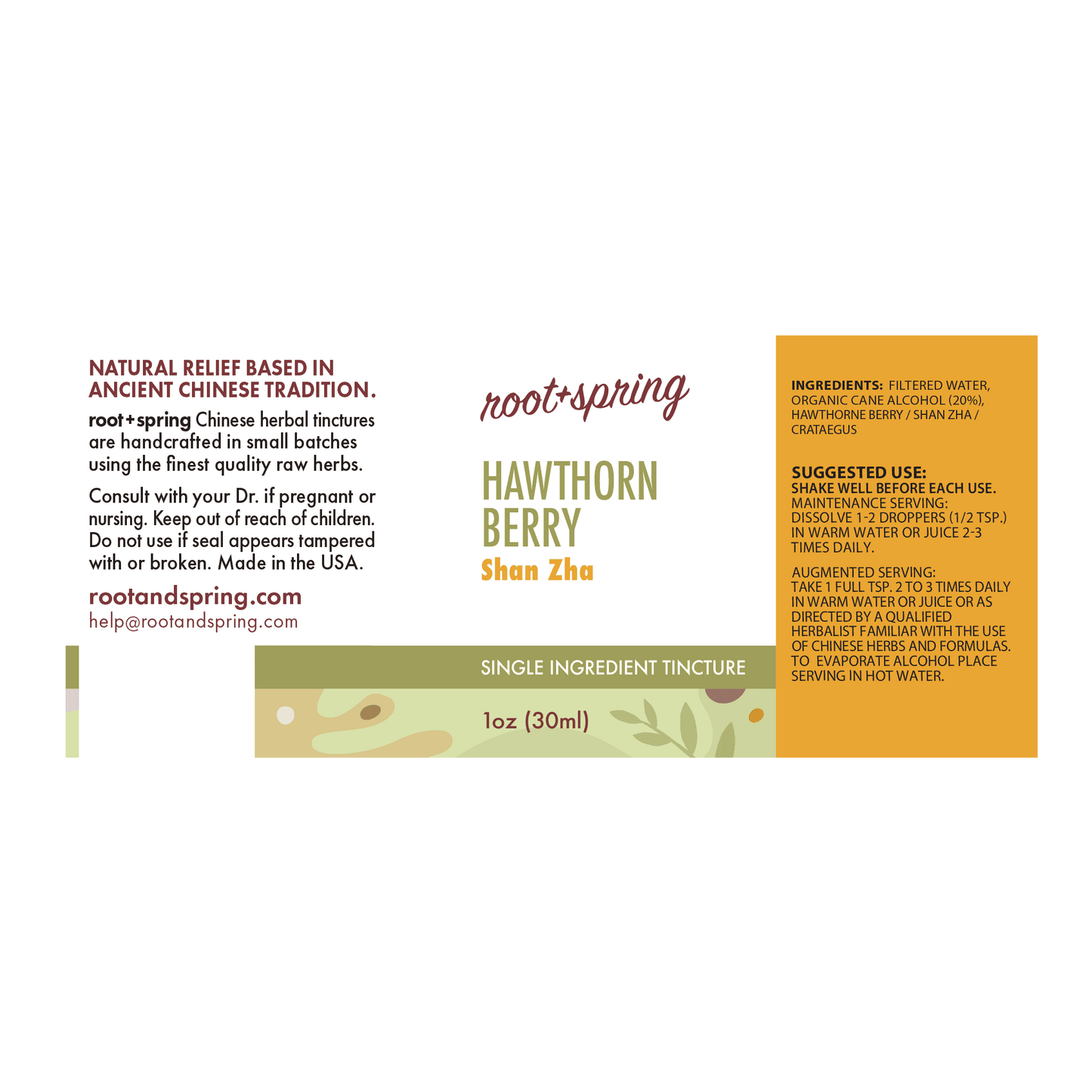 image of the label with ingredients, suggested use of Hawthorn Berry (Shan Zha Tang) | Herbal Tincture root+spring