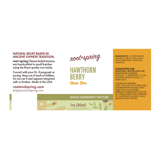 image of the label with ingredients, suggested use of Hawthorn Berry (Shan Zha Tang) | Herbal Tincture root+spring