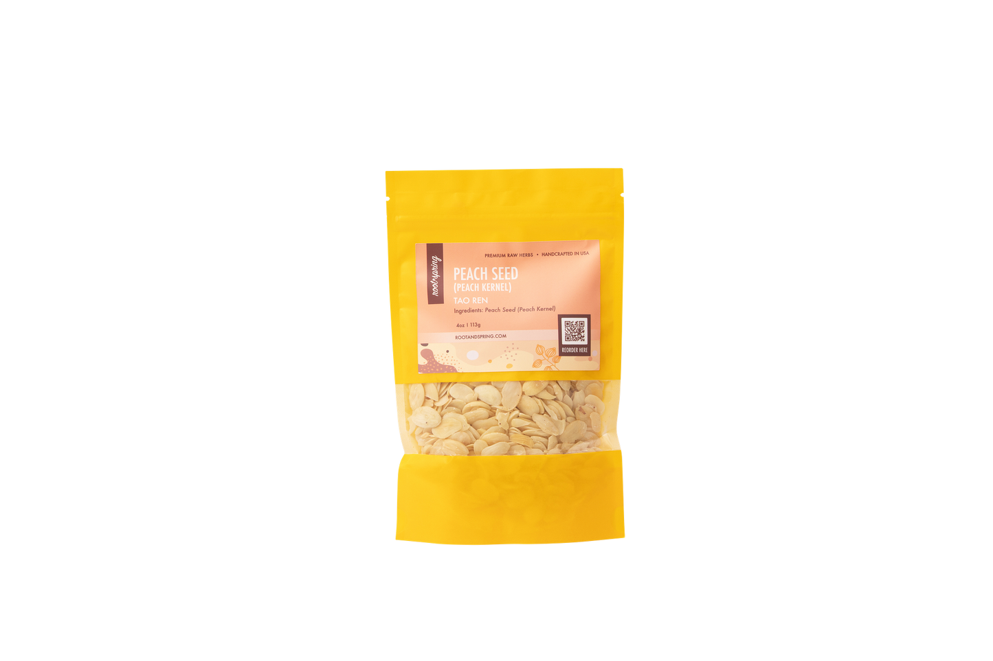 A yellow pouch containing peach seed, or tao ren premium raw herb.