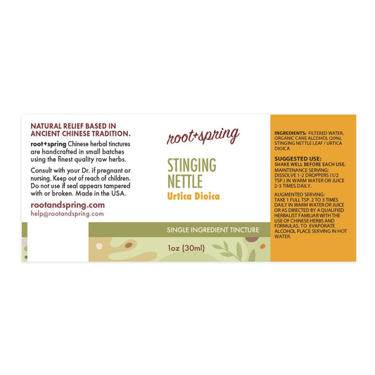 Label of Stinging Nettle (Urtica Dioica) Herbal Tincture by root + spring.