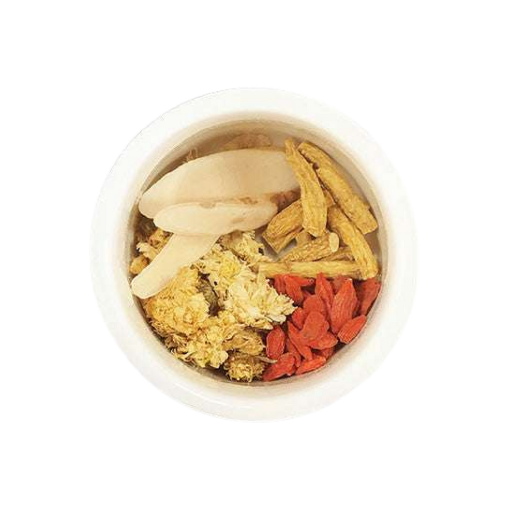 Image of ingredients for root + spring's Baby Chrysanthemum and Ginseng. 