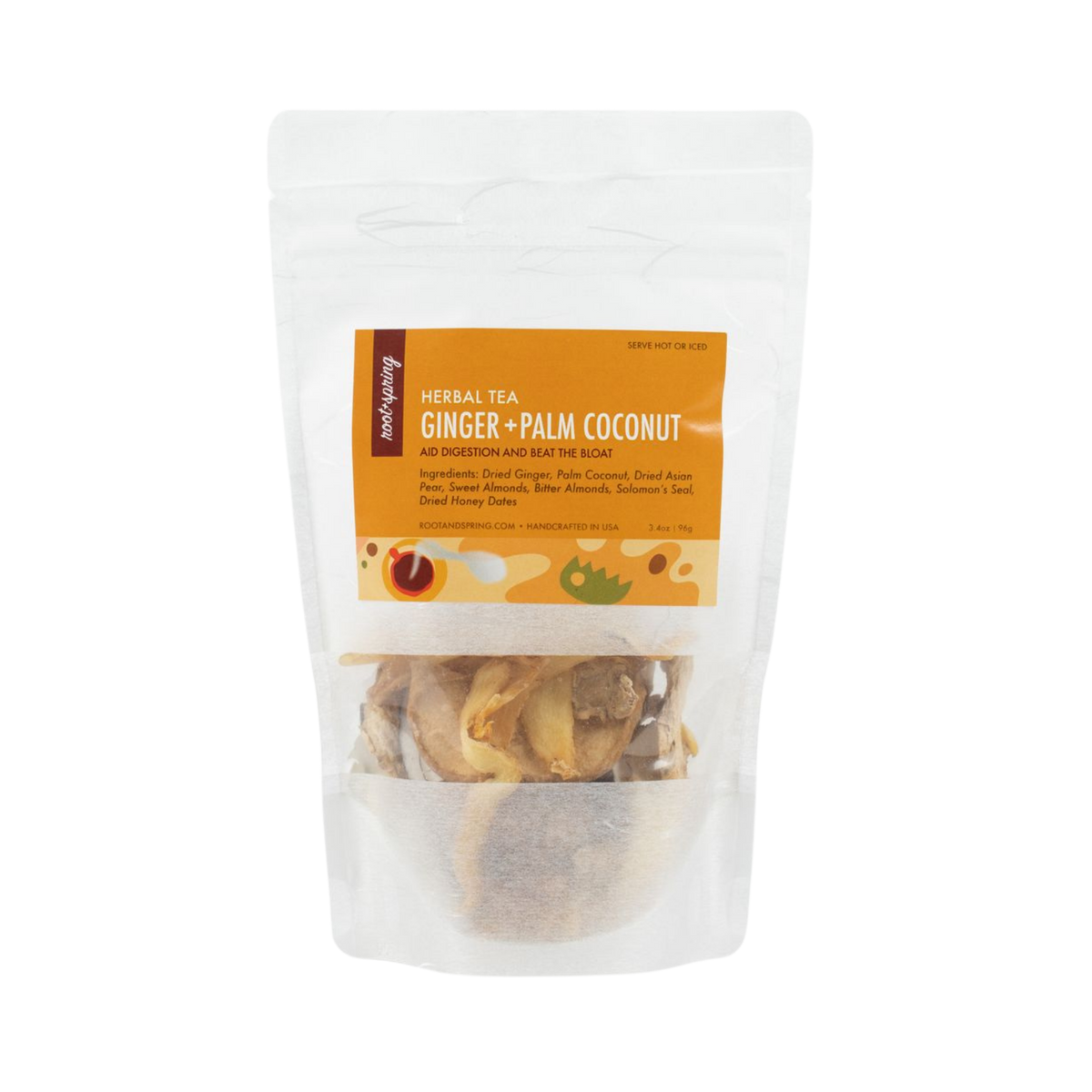 Image of packaging for root + spring's Dried Ginger & Palm Coconut "Beat the Bloat" Chinese Herbal Tea Mix.