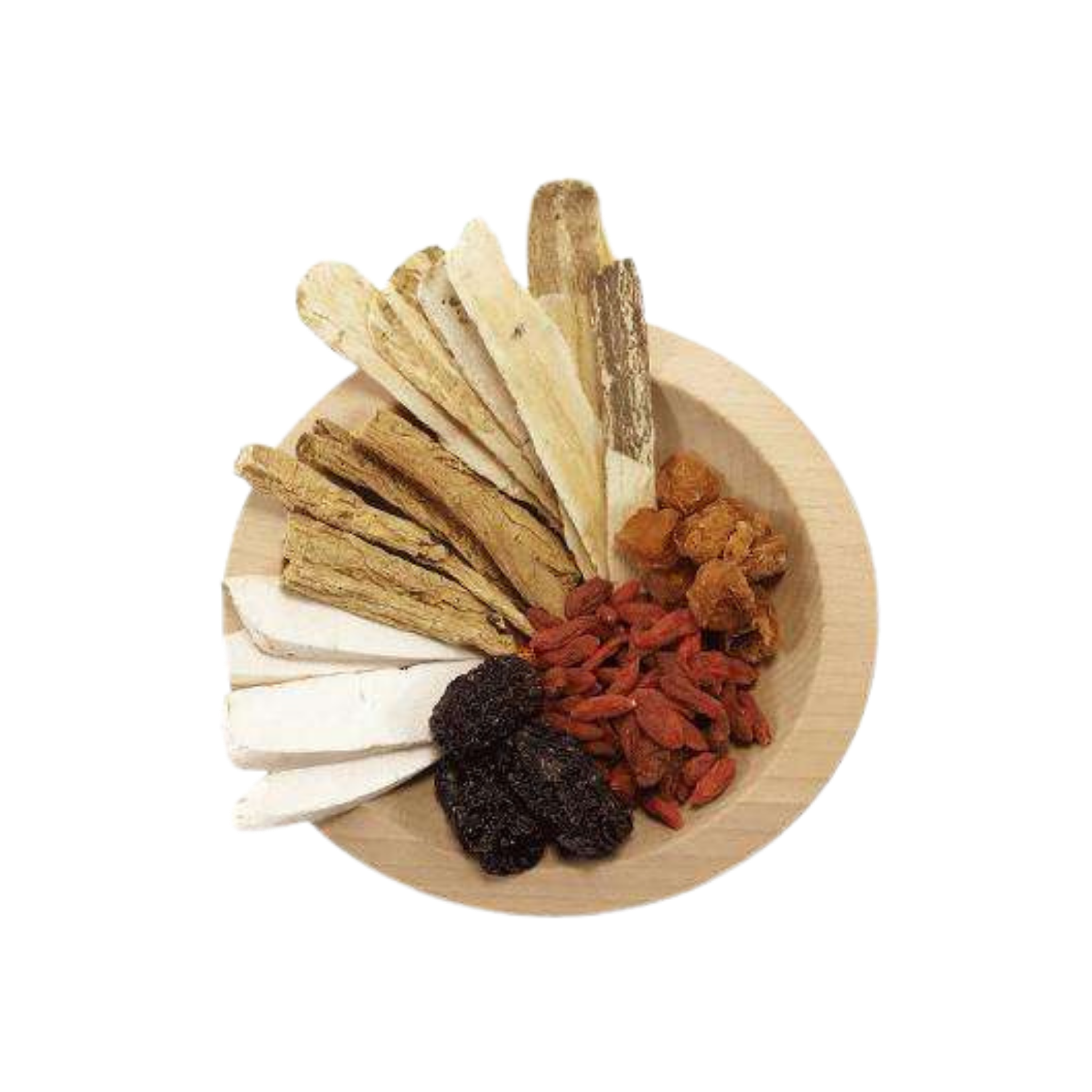 A wooden plate arranged with various dried herbal ingredients, including slices of white and tan roots, orange-brown pieces, dark red goji berries, and dark purple dried fruits, on a plain white background.