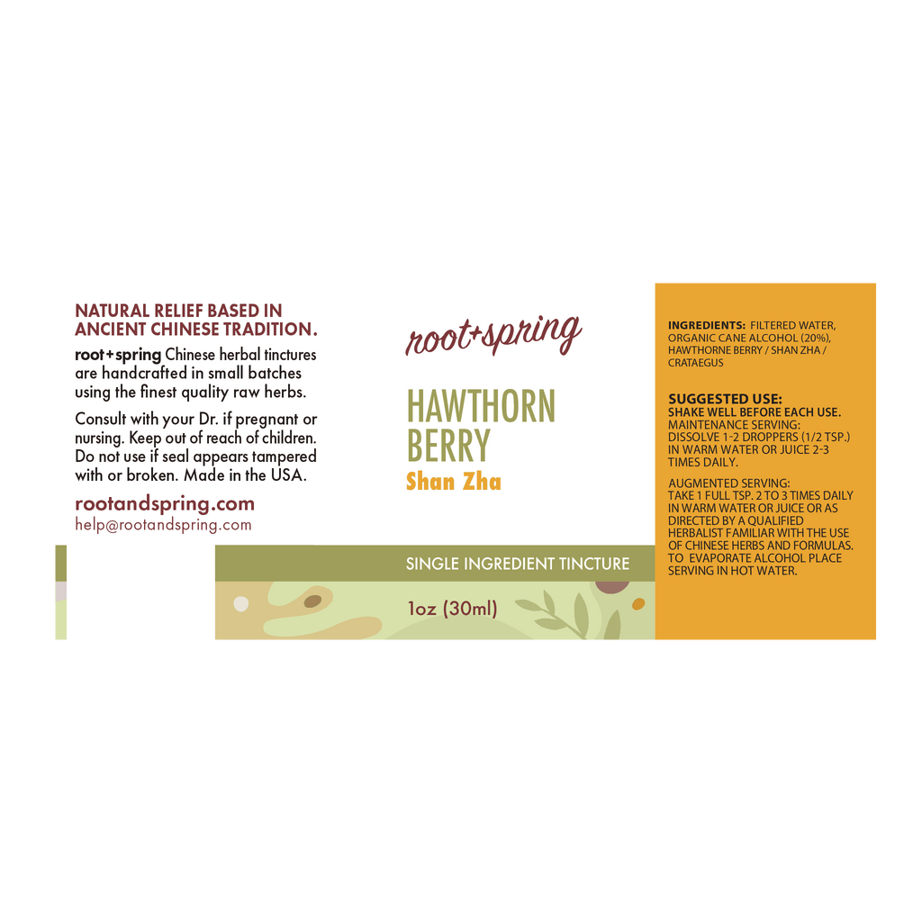 image of the label with ingredients, suggested use of Hawthorn Berry (Shan Zha Tang) | Herbal Tincture root+spring