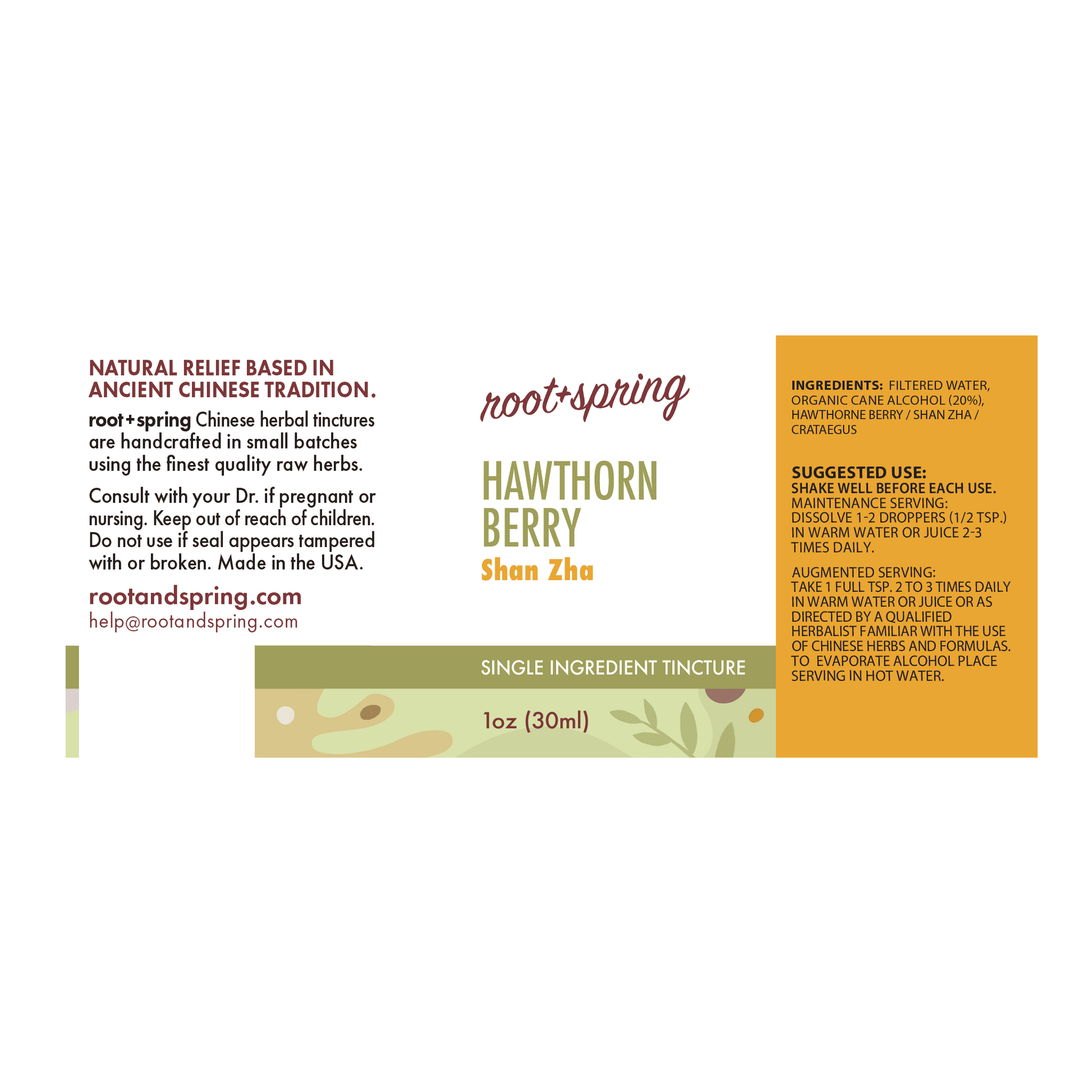 image of the label with ingredients, suggested use of Hawthorn Berry (Shan Zha Tang) | Herbal Tincture root+spring