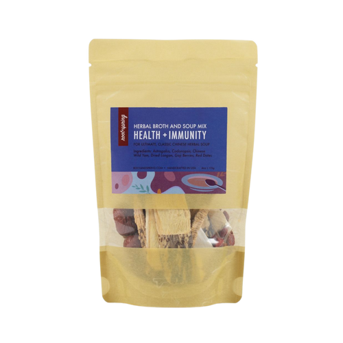 A stand-up pouch of Root+Spring Herbal Broth and Soup Mix Health + Immunity on a plain white background. 