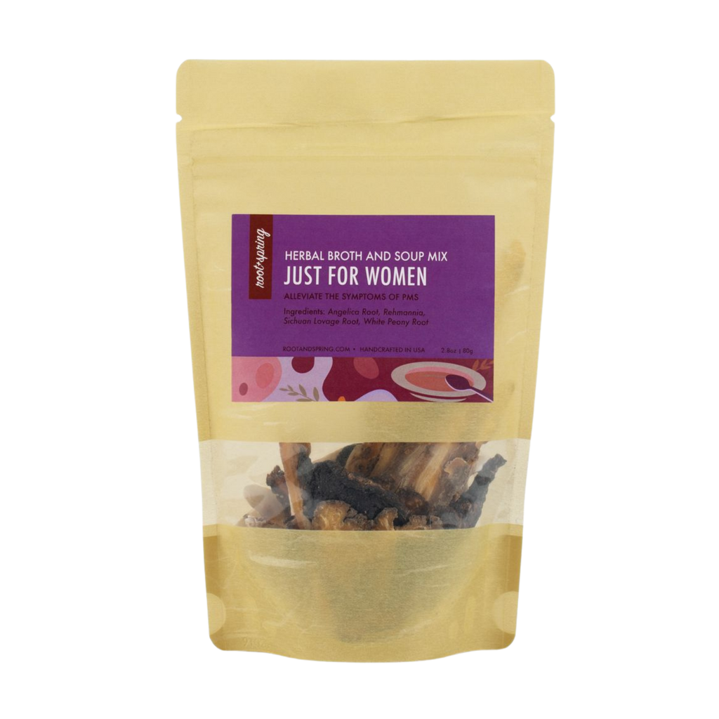 Image of packaging for root+ spring's Chinese herbal soup mix for women.