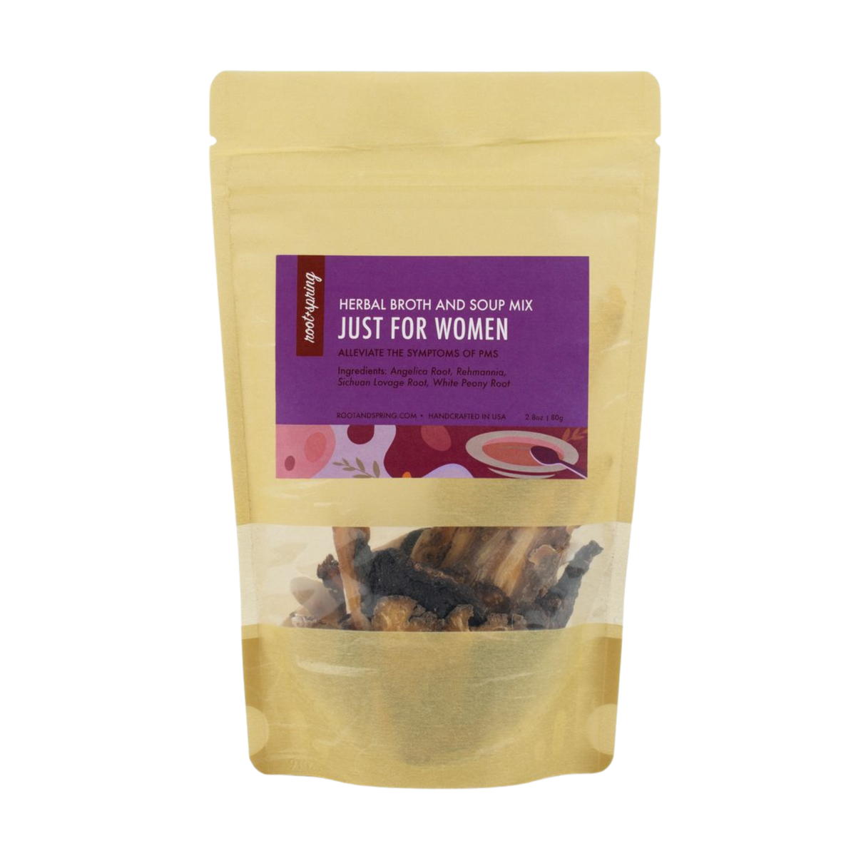 Image of packaging for root+ spring's Chinese herbal soup mix for women.