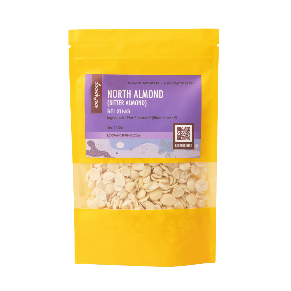 image of Root + Spring North Almond Raw Herbs featuring a purple label and a clear window showing the light beige flakes inside, set against a plain white background.