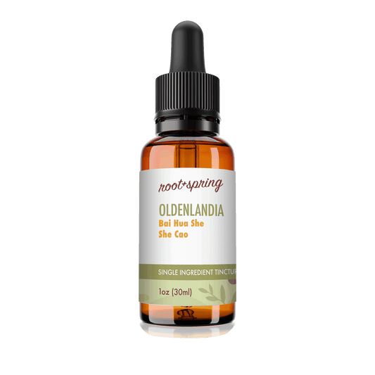 Amber eyedropper-top tincture bottle containing 1 fluid ounce (30 milliliters) of root + spring Dissolve Mass Stasis Breaker Chinese herbal tincture.