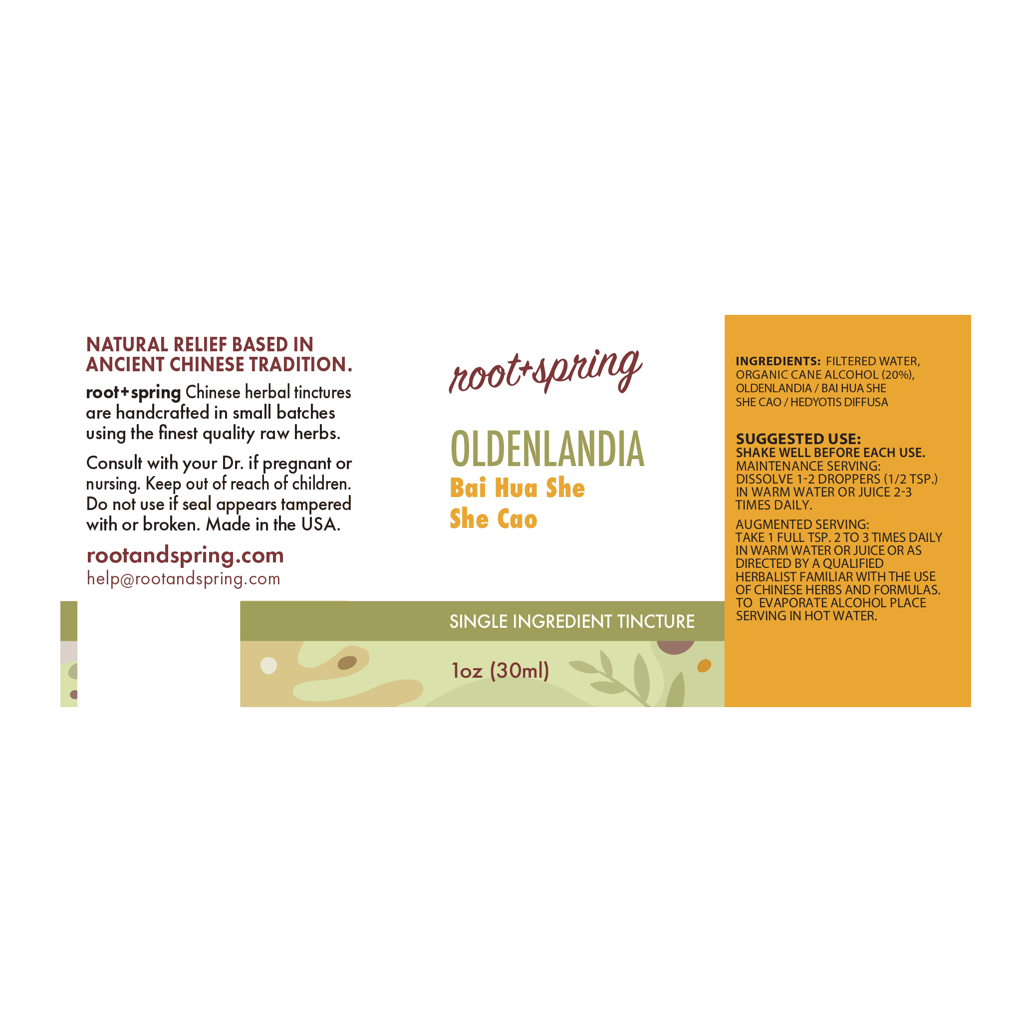 Label with Ingredients, Suggested Use, and Precautions for root + spring Dissolve Mass Stasis Breaker Chinese herbal tincture.