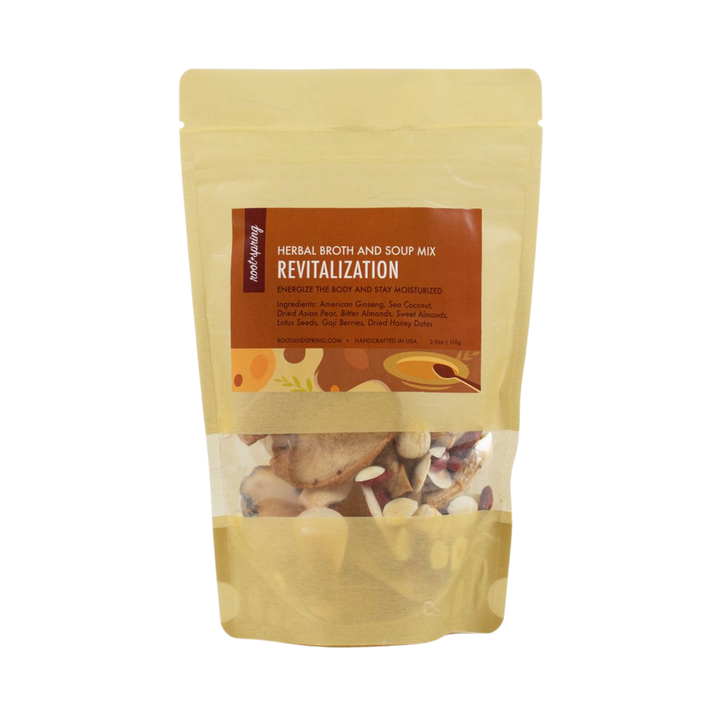 Image of packaging for root + spring's Chinese herbal broth and soup mix for revitalization. 