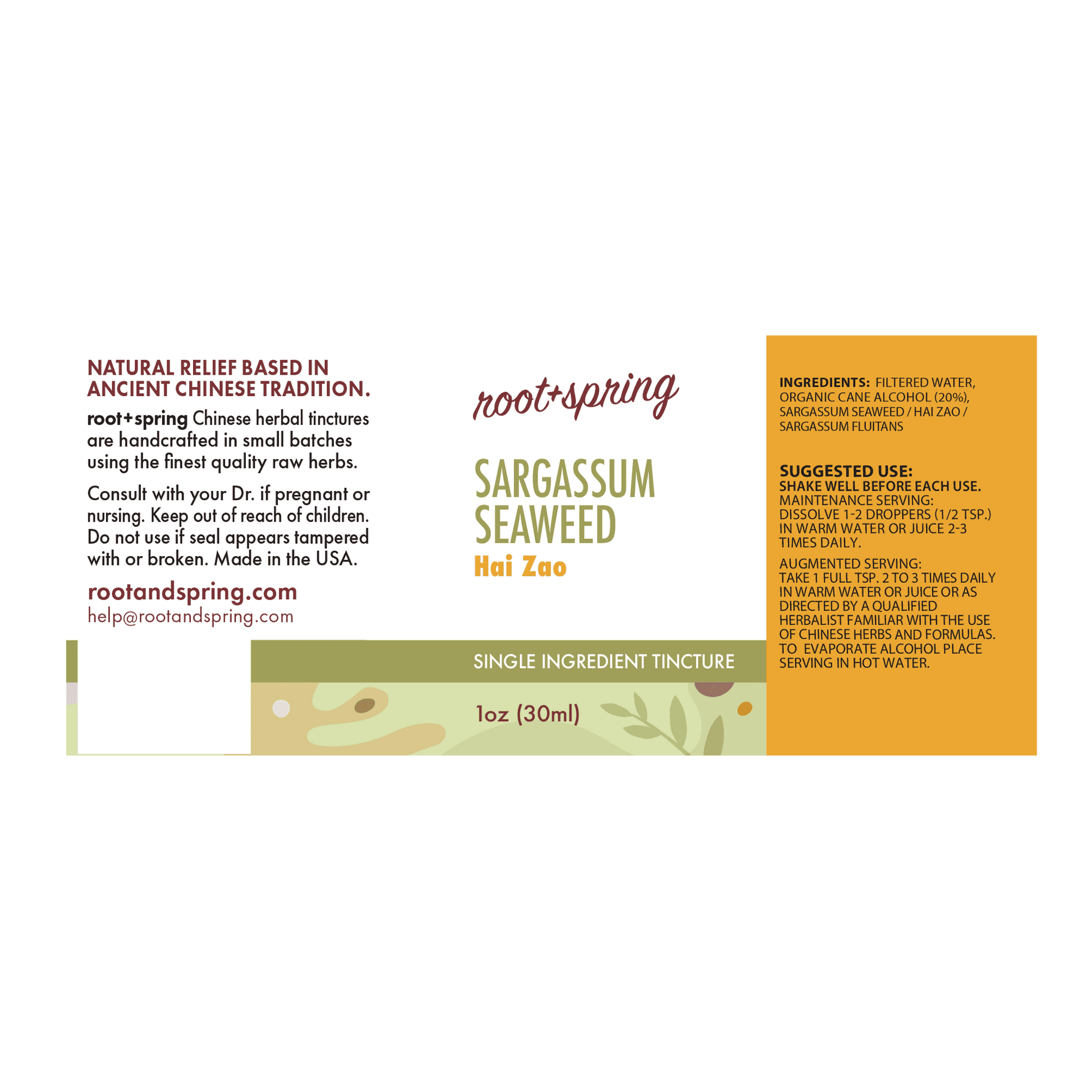 Label with Ingredients, Suggested Use, and Precautions for root + spring Dissolve Mass Stasis Breaker Chinese herbal tincture.
