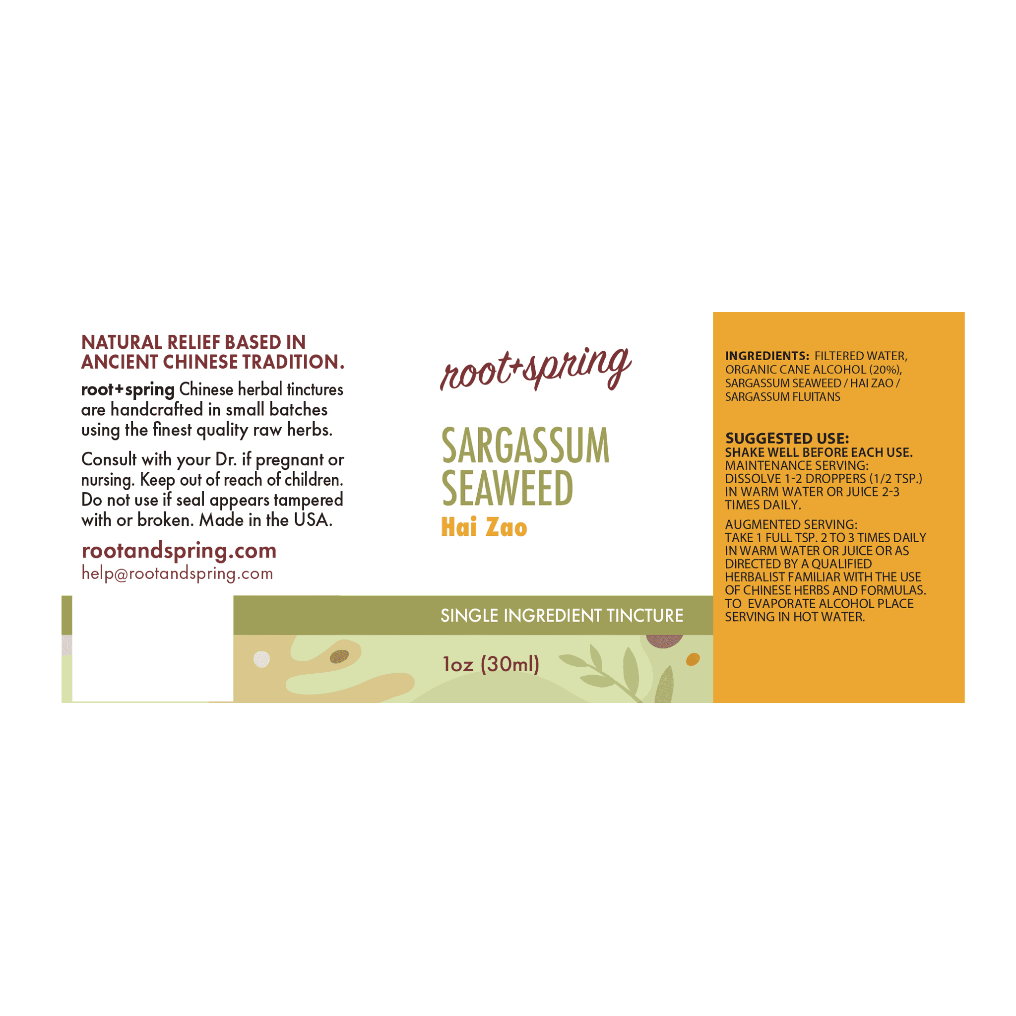 Label with Ingredients, Suggested Use, and Precautions for root + spring Dissolve Mass Stasis Breaker Chinese herbal tincture.