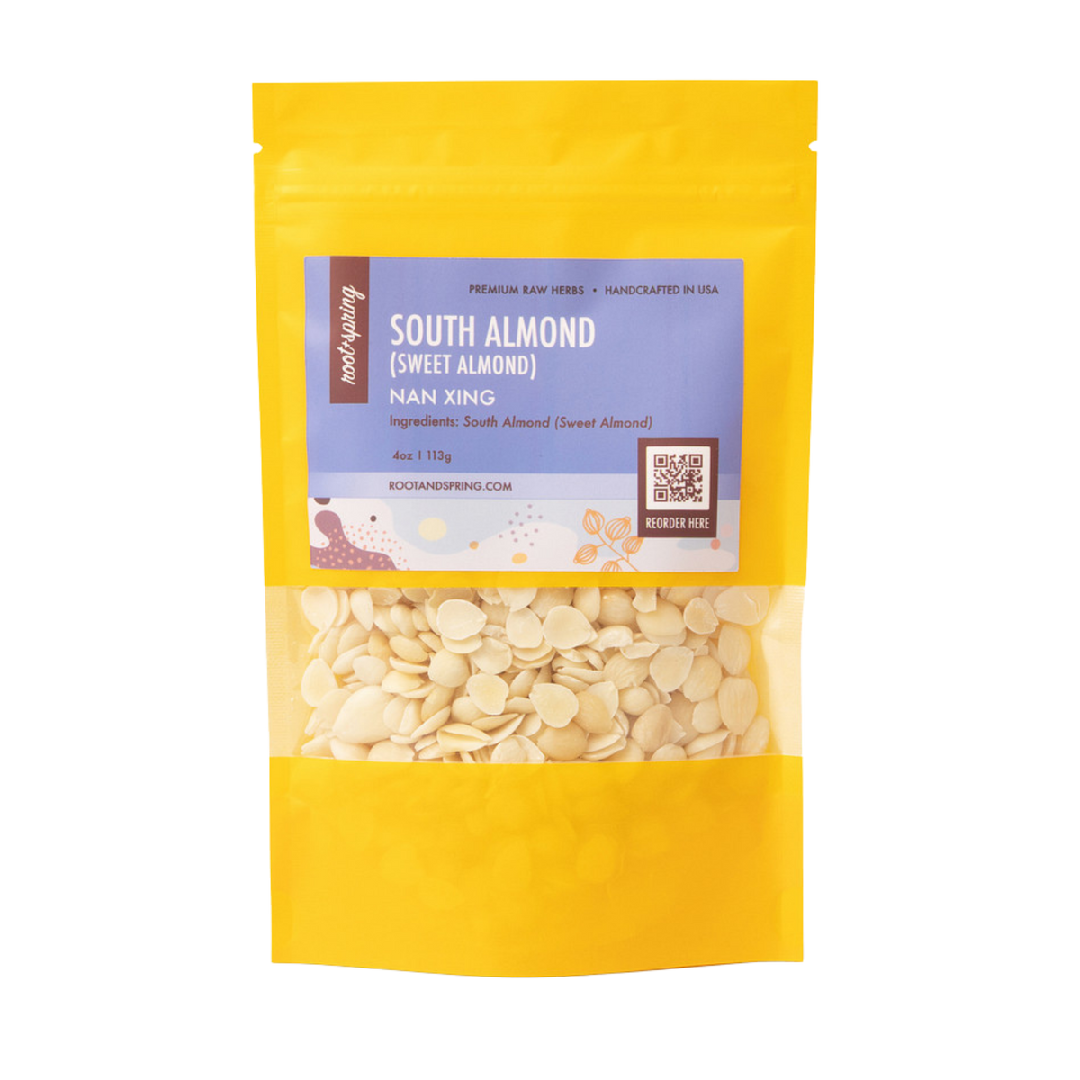 image of Root + Spring South Almond (Sweet Almond) featuring a clear window that displays the light beige almond flakes inside. The pouch has a lavender label with product details and is set against a plain white background.