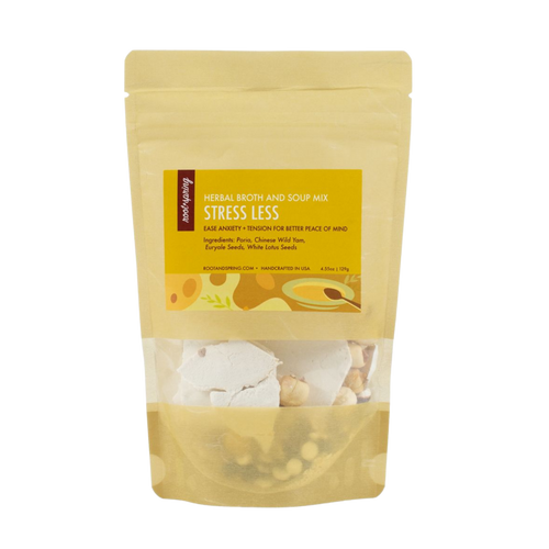 Image of root + spring's Chinese herbal broth and soup mix "stress less". 