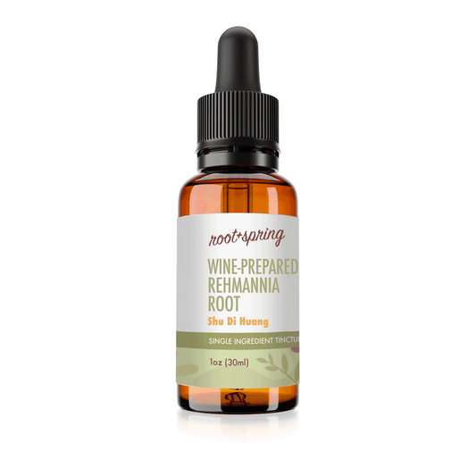 1 oz glass bottle of Wine-Prepared Rehammia Root, or Shu Di Huang, herbal tincture by root + spring. 