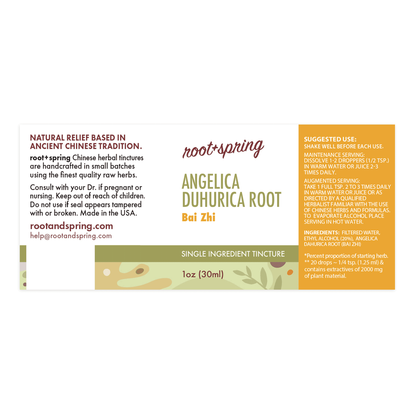 Label for Angelica Duhurica Root, or Bai Zhi, herbal tincture by root + spring. 