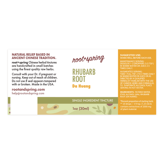 Label for Rhubarb Root, or Da Huang, Herbal Tincture by root + spring