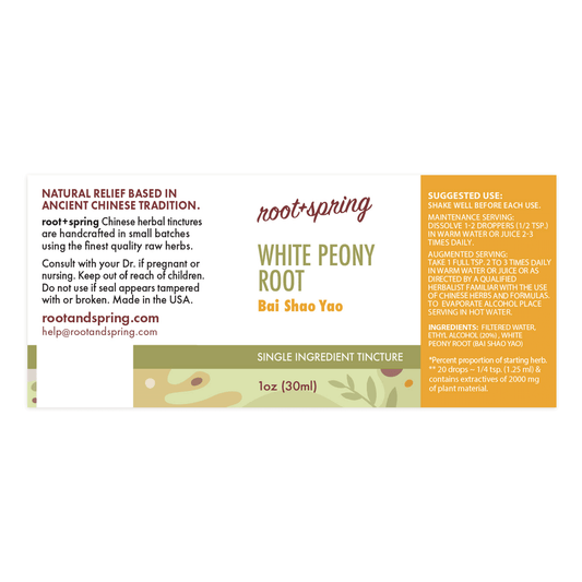 Label for White Peony Root, or Bai Shao Yao, herbal tincture by root + spring. 