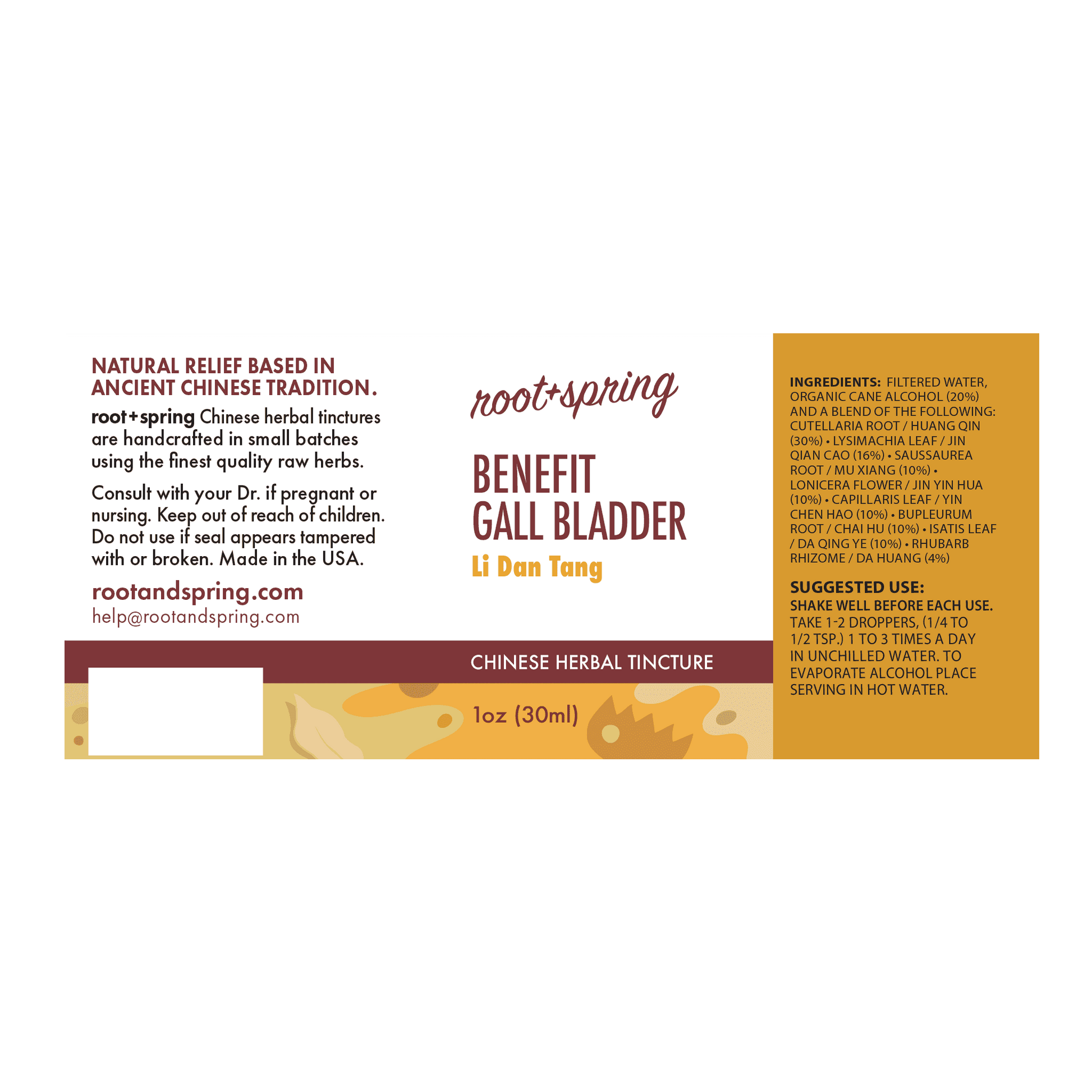 Label with Ingredients, Suggested Use, and Precautions for root + spring Benefit Gall Bladder Li Dan Tang Chinese herbal tincture.