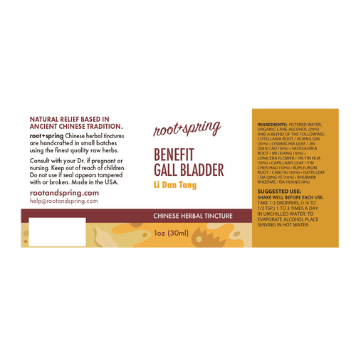 Label with Ingredients, Suggested Use, and Precautions for root + spring Benefit Gall Bladder Li Dan Tang Chinese herbal tincture.