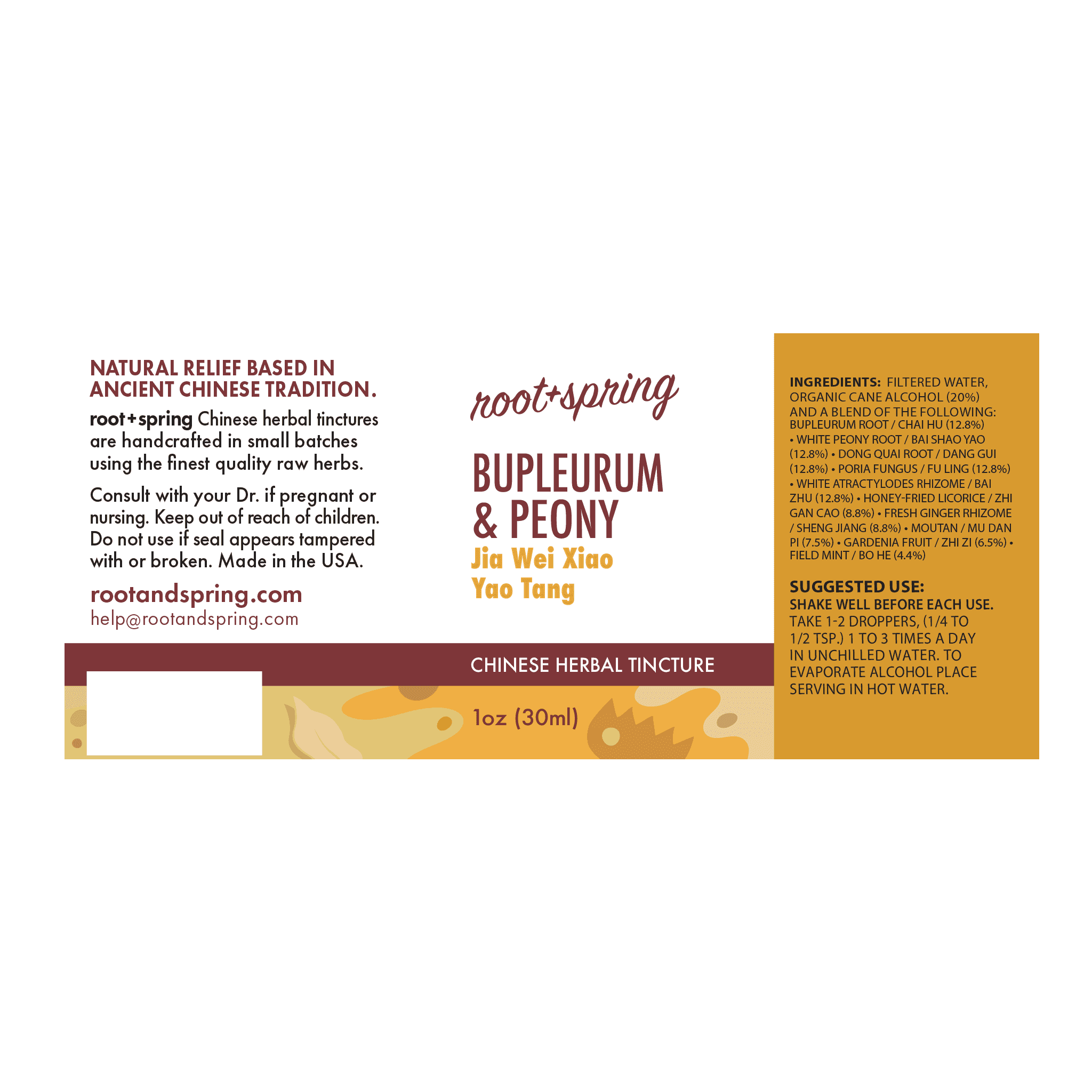 Label for Bupleurum & Peony (Jia Wei Xiao Yao Tang) Herbal Tincture by root + spring