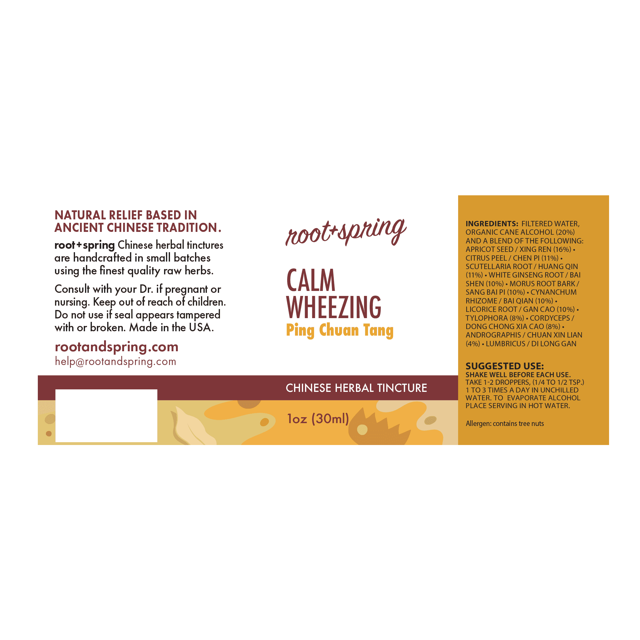 label of Calm Wheezing Tincture by Root+Spring