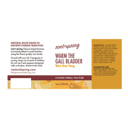 Label with Ingredients, Suggested Use, and Precautions for root + spring Warm the Gall Bladder Wen Dan Tang Chinese herbal tincture.
