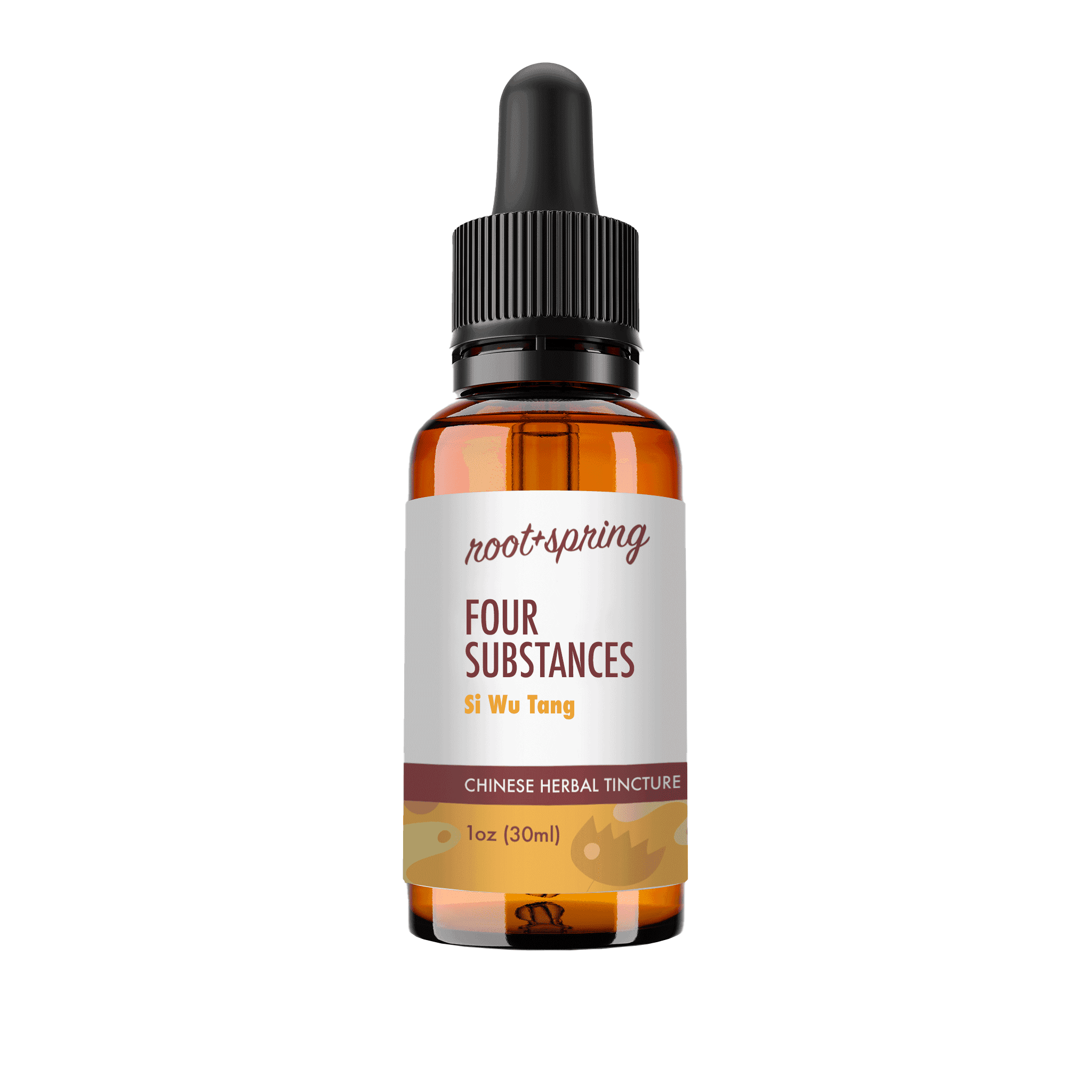 A 1 oz amber glass dropper bottle of Root-Spring Four Substances Si Wu Tong Chinese Herbal Tincture, featuring a white label with brown and orange text, and a black dropper cap, isolated on a white background.