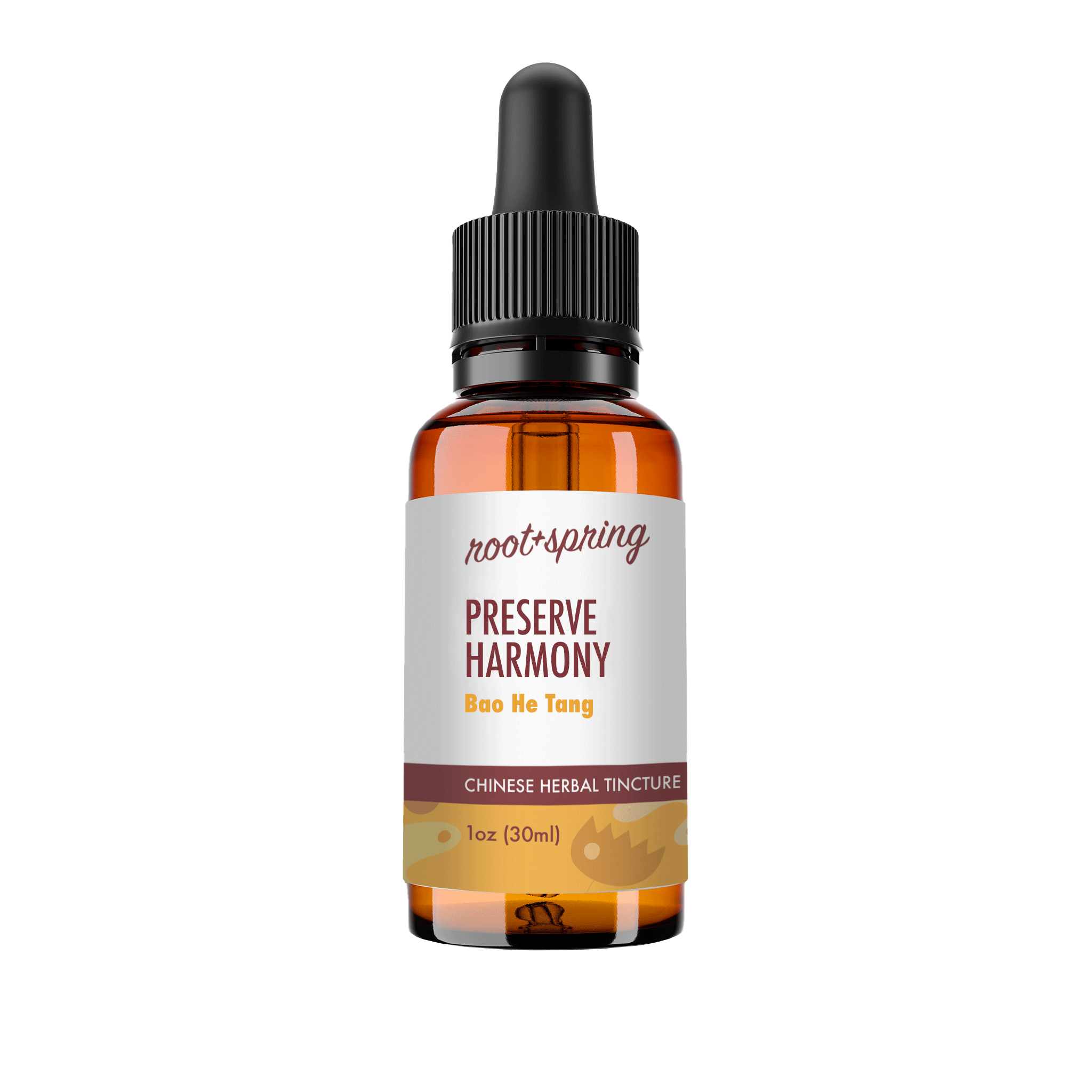 A 1 oz amber glass dropper bottle of Root+Spring Preserve Harmony Chinese Herbal Tincture, featuring a white label with brown and yellow text, and a black dropper cap, isolated on a white background.