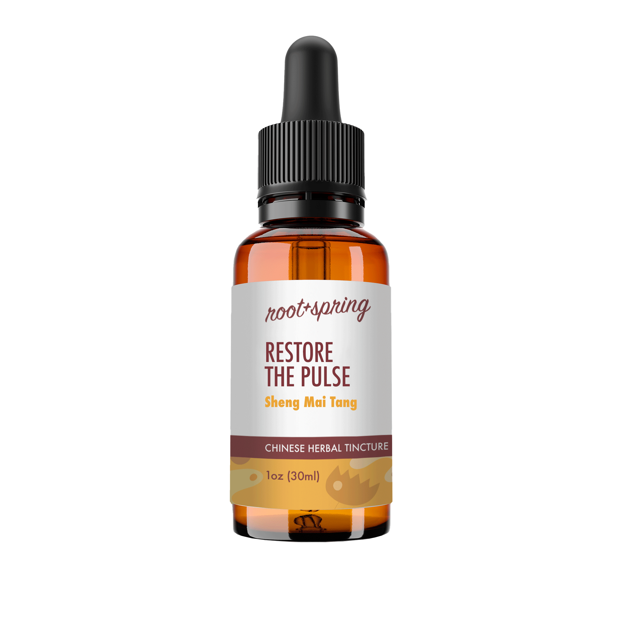 A 1 oz amber glass dropper bottle of Root+Spring Restore the Pulse Chinese Herbal Tincture, featuring a white label with brown and yellow text, and a black dropper cap, isolated on a white background.