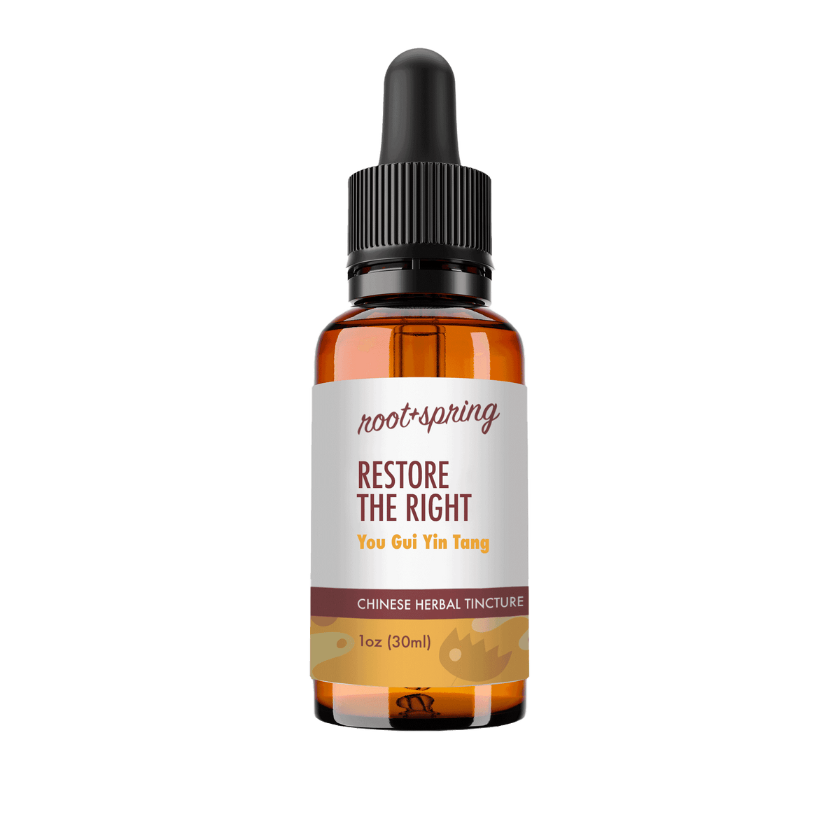 A 1 oz amber glass dropper bottle of Root+Spring Restore the Right You Gui Yin Tang Chinese Herbal Tincture, featuring a white label with brown and yellow text, and a black dropper cap, isolated on a white background.