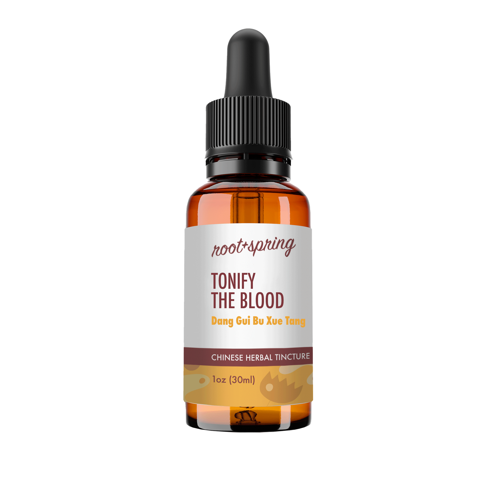 A 1 oz amber glass dropper bottle of Root+Spring Restore the Right You Gui Yin Tang Chinese Herbal Tincture, featuring a white label with brown and yellow text, and a black dropper cap, isolated on a white background.