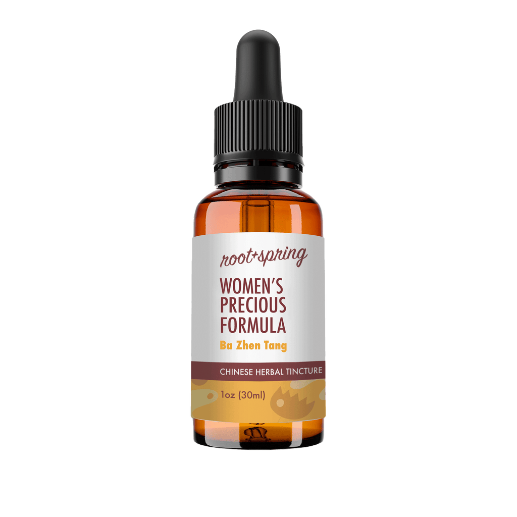 A 1 oz amber glass dropper bottle of Root+Spring Women's Precious Formula (Ba Zhen Tang) Chinese Herbal Tincture, featuring a white label with brown and yellow text, set against a plain white background.
