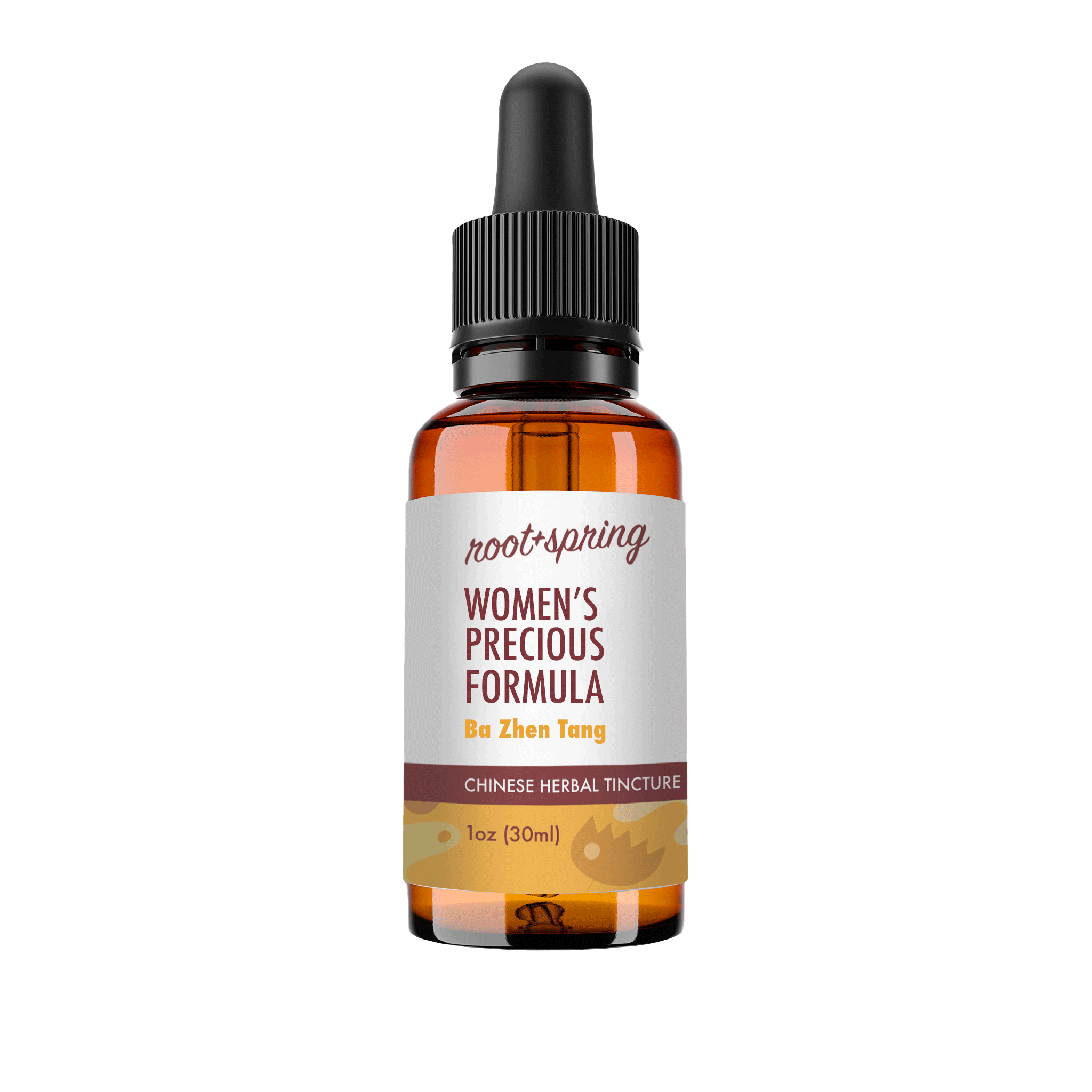 A 1 oz amber glass dropper bottle of Root+Spring Women's Precious Formula (Ba Zhen Tang) Chinese Herbal Tincture, featuring a white label with brown and yellow text, set against a plain white background.