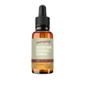 A 1 oz amber glass dropper bottle of Root+Spring Oregon Grape, Goldenseal  + Echinacea Herbal Tincture, featuring a light beige label with dark red and black text, and a black dropper cap, isolated on a white background.