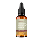 A 1 oz amber glass dropper bottle of Root+Spring Oregon Grape, Goldenseal  + Echinacea Herbal Tincture, featuring a light beige label with dark red and black text, and a black dropper cap, isolated on a white background.