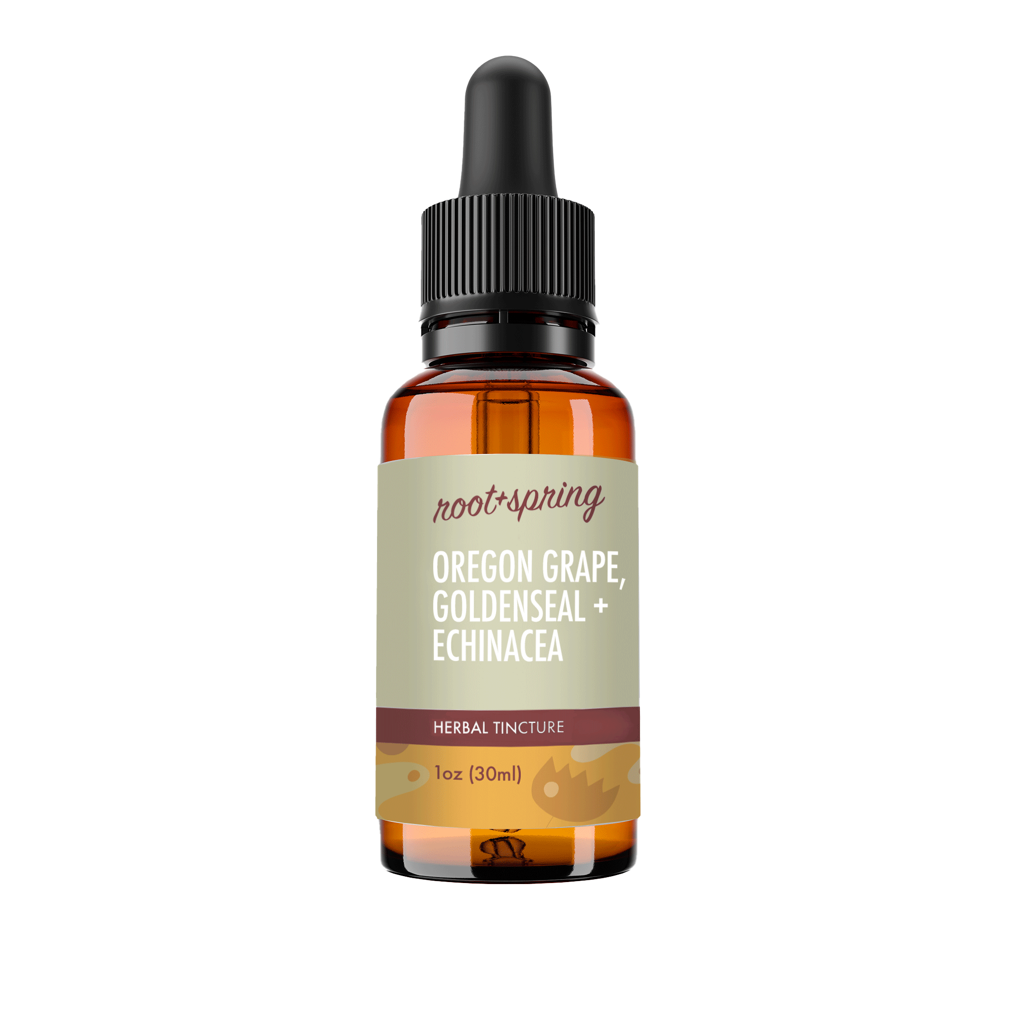 A 1 oz amber glass dropper bottle of Root+Spring Oregon Grape, Goldenseal  + Echinacea Herbal Tincture, featuring a light beige label with dark red and black text, and a black dropper cap, isolated on a white background.