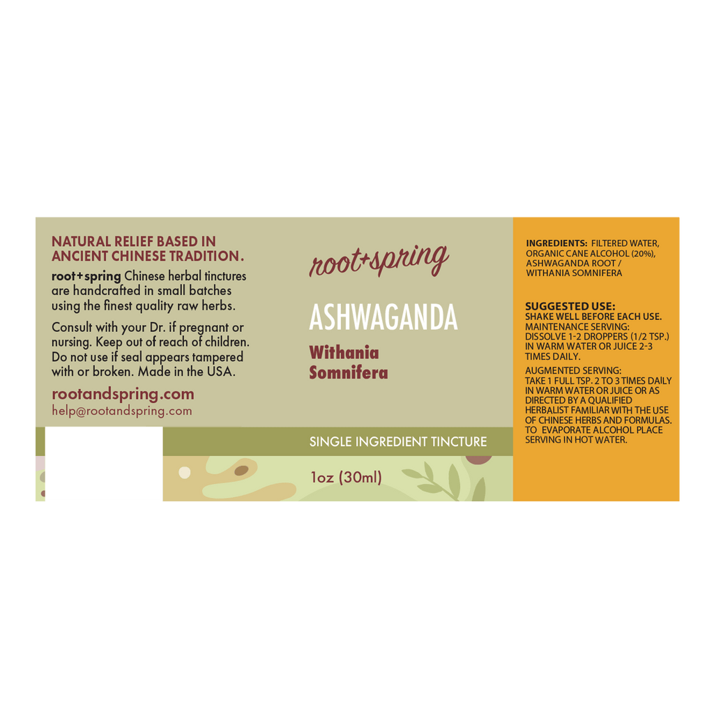 A rectangular product label for Root+Spring Ashwaganda tincture, with a cream and orange design, product details, ingredients, and a small illustration of green leaves at the bottom.