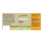 A rectangular product label for Root+Spring Ashwaganda tincture, with a cream and orange design, product details, ingredients, and a small illustration of green leaves at the bottom.