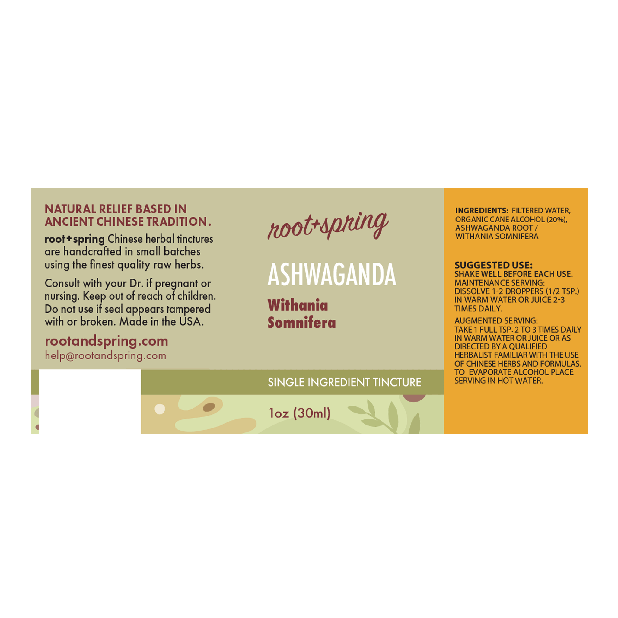 A rectangular product label for Root+Spring Ashwaganda tincture, with a cream and orange design, product details, ingredients, and a small illustration of green leaves at the bottom.