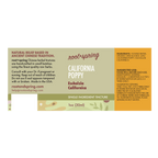 A single-ingredient tincture bottle label for Root+Spring California Poppy (Escholzia californica) herbal tincture, featuring a split design with a natural wood-grain background on the left and a warm orange background on the right, complete with product details, ingredients, and suggested use.