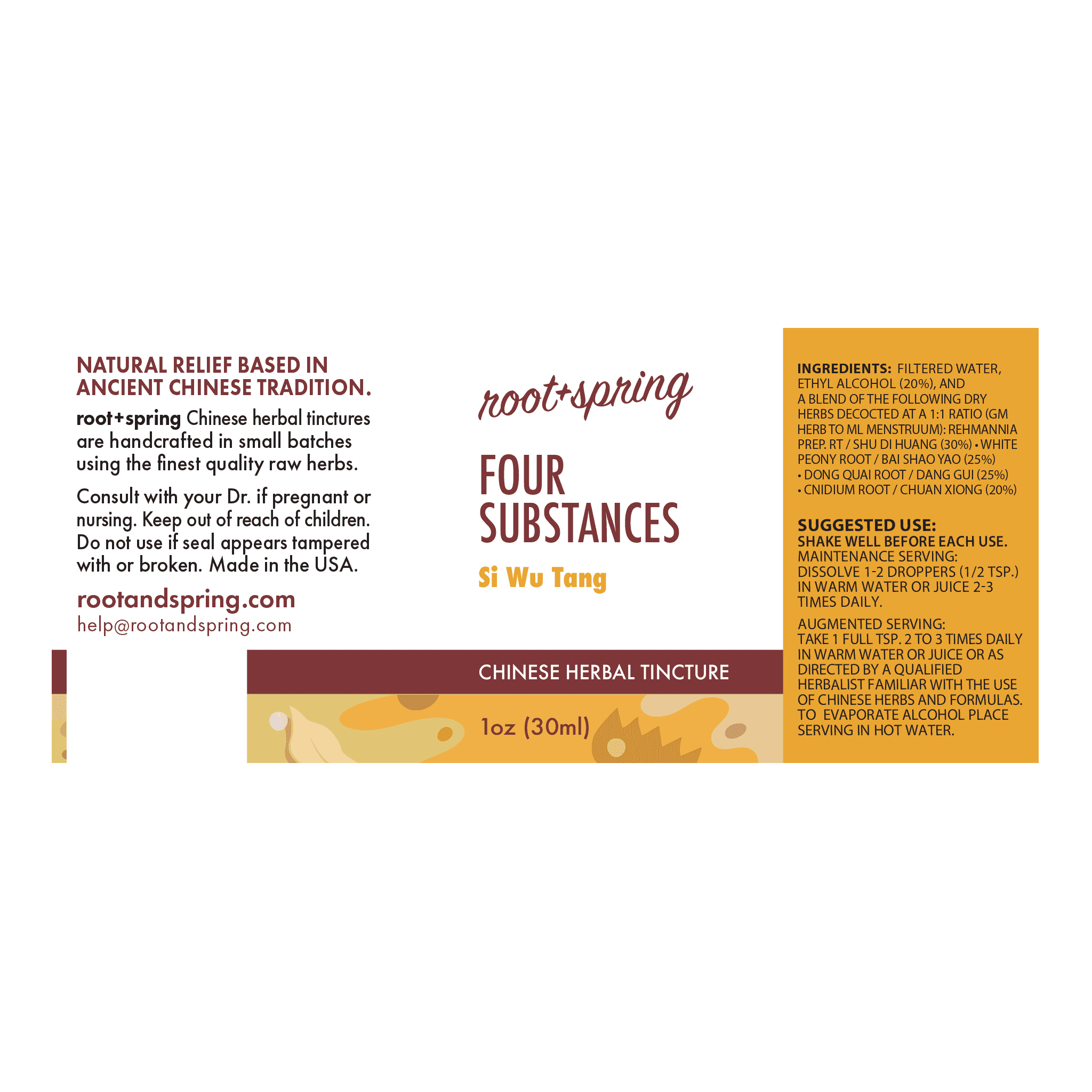 Front label of Root+Spring Four Substances Si Wu Tang herbal tincture, 1 oz (30ml), featuring product information, ingredients, suggested use, and a dark brown and orange color block design.