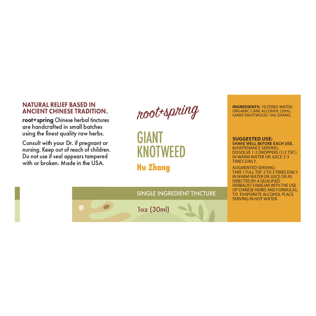 Front label of a Root+Spring Hu Zhang Giant Knotweed single-ingredient tincture, 1oz (30ml). The label features a white background with green and orange accents, detailing product history, usage instructions, and ingredients.