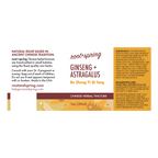 Front of a Root+Spring Ginseng + Astragalus Chinese Herbal Tincture bottle label, showing the brand name, ingredients, suggested use, and a 1 oz (30ml) serving size on a white background with a small orange accent at the bottom.