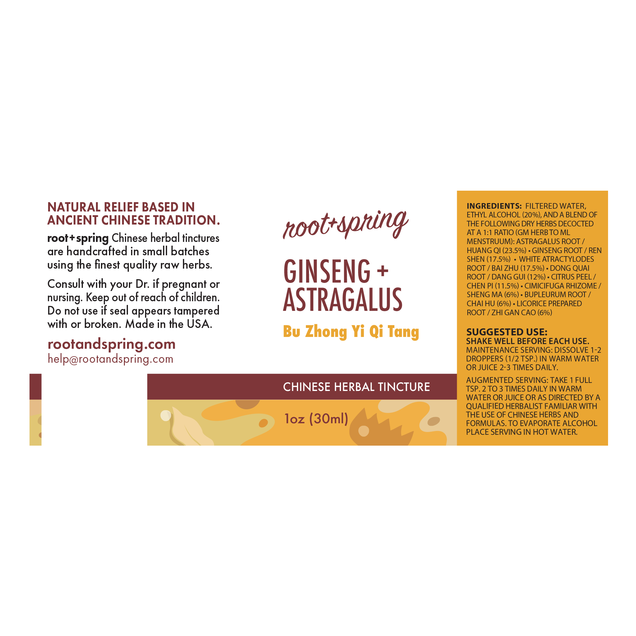 Front of a Root+Spring Ginseng + Astragalus Chinese Herbal Tincture bottle label, showing the brand name, ingredients, suggested use, and a 1 oz (30ml) serving size on a white background with a small orange accent at the bottom.