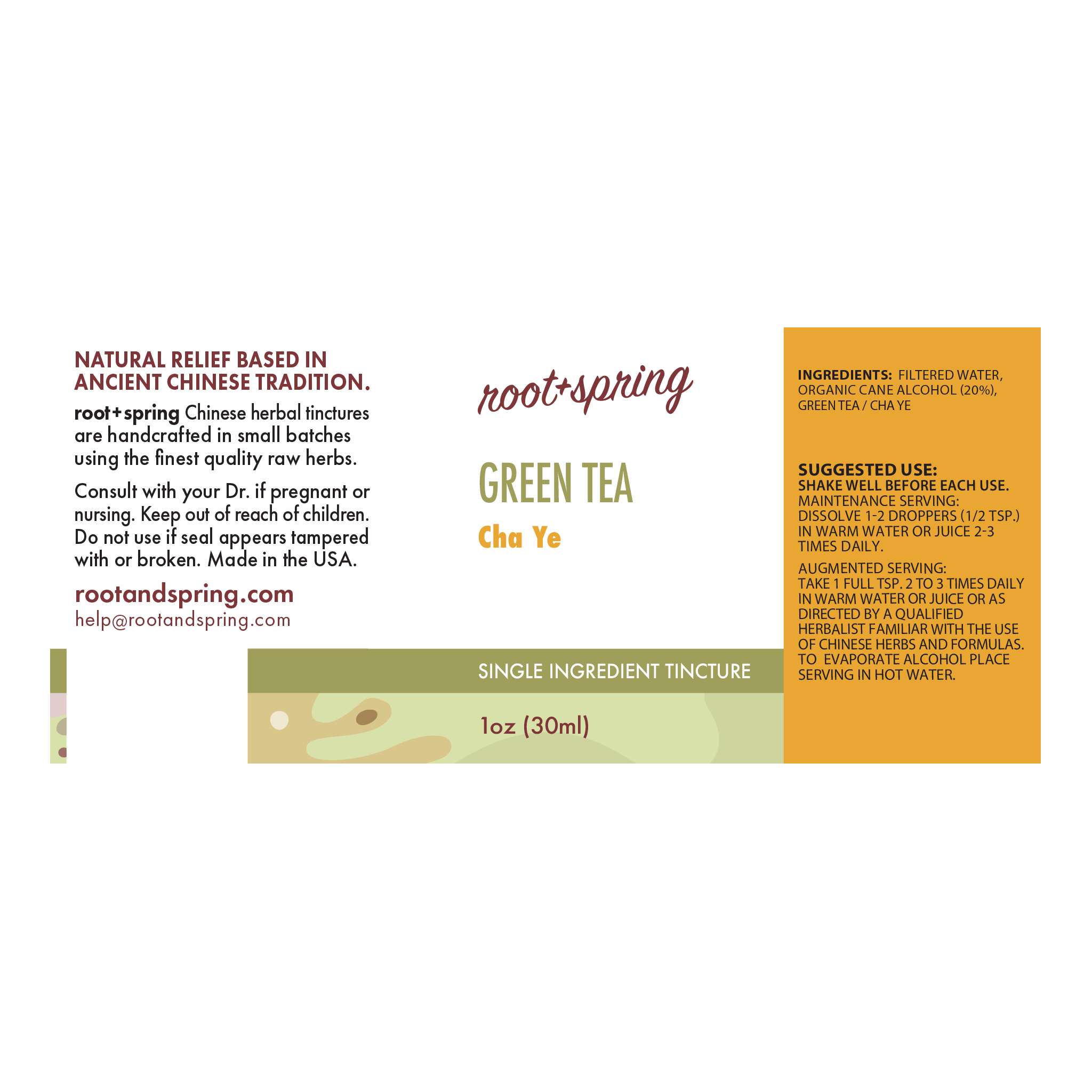 Front label of Root+Spring Green Tea Cha Ye single-ingredient tincture, showing product details, ingredients, suggested use, and a small tincture bottle graphic at the bottom.