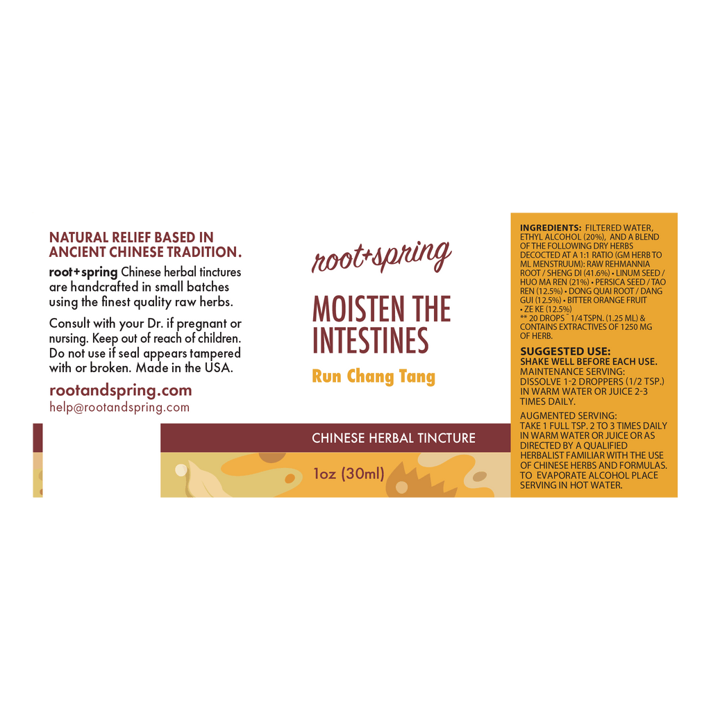 Front and back of a Root+Spring Chinese Herbal Tincture bottle label for Run Chang Tang, showing product details, ingredients, and usage instructions on a white background.