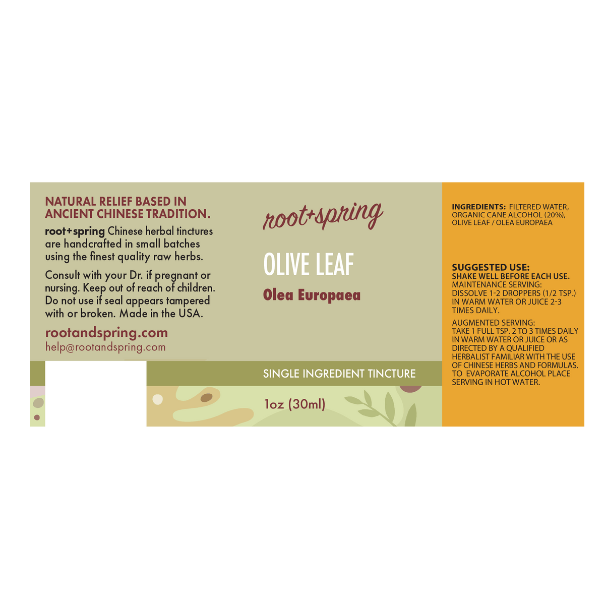 A rectangular product label for Root + Spring Olive Leaf Olea Europaea single ingredient tincture, with a cream background and tan side panels, green leaf illustrations, and black text detailing ingredients, usage, and dosage.